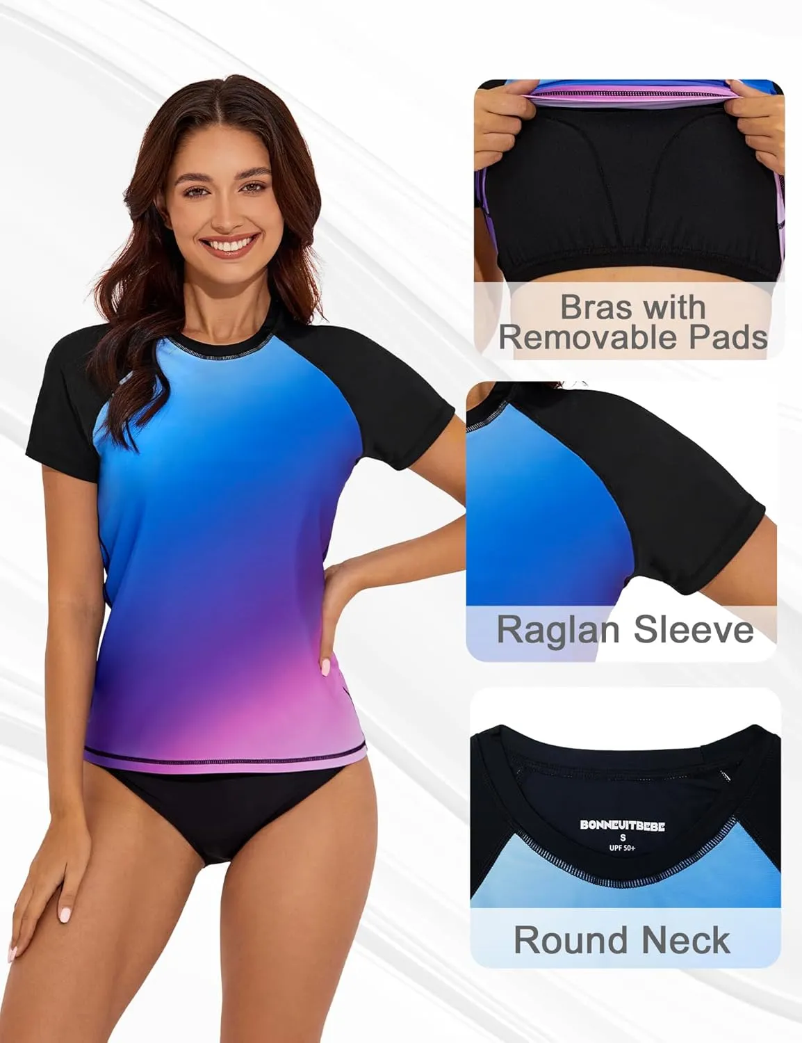Bonneuitbebe Women's Short Sleeve Rash Guard with Built in Bra Swim Shirt UPF50  Quick Dry Bathing Suit