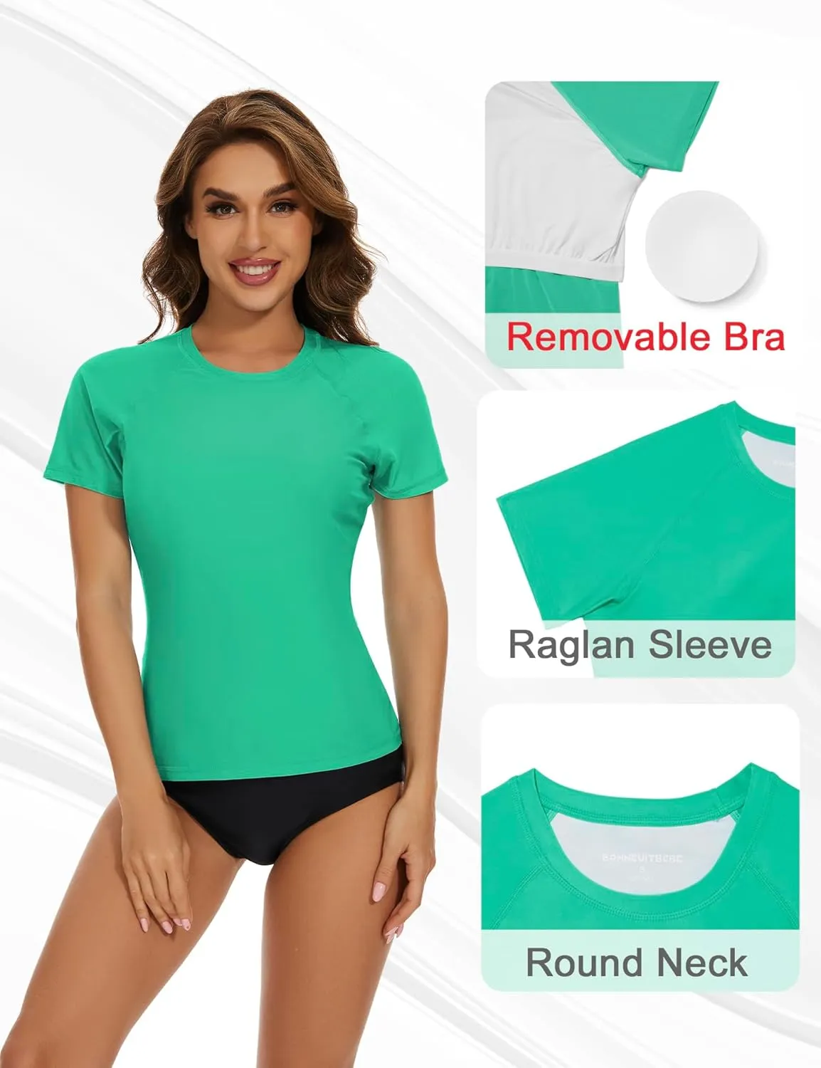 Bonneuitbebe Women's Short Sleeve Rash Guard with Built in Bra Swim Shirt UPF50  Quick Dry Bathing Suit