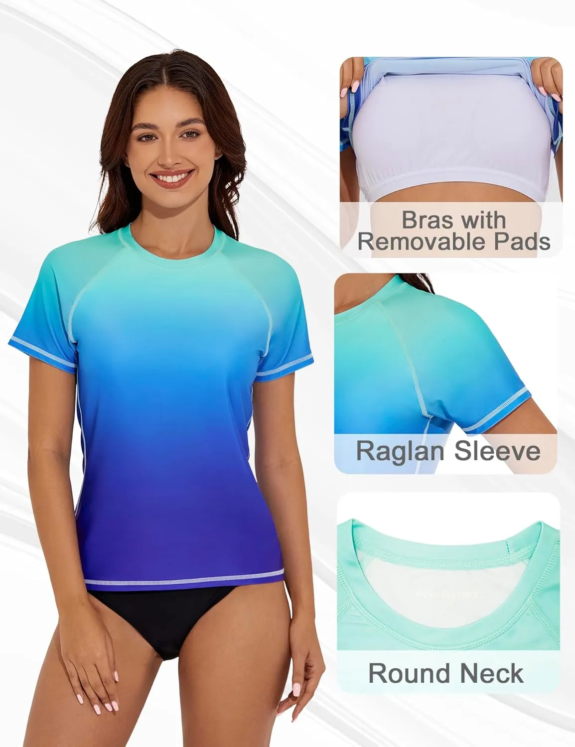 Bonneuitbebe Women's Short Sleeve Rash Guard with Built in Bra Swim Shirt UPF50  Quick Dry Bathing Suit