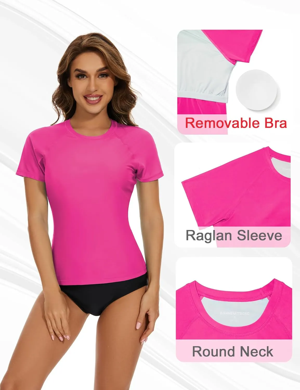 Bonneuitbebe Women's Short Sleeve Rash Guard with Built in Bra Swim Shirt UPF50  Quick Dry Bathing Suit