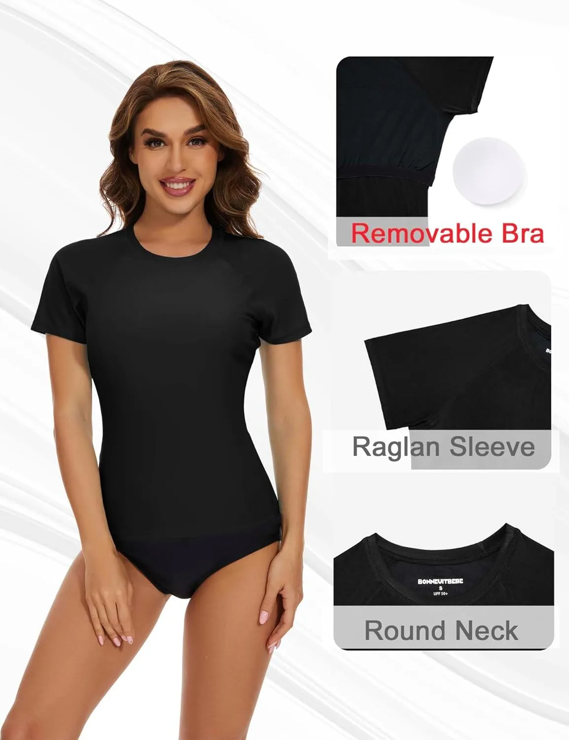 Bonneuitbebe Women's Short Sleeve Rash Guard with Built in Bra Swim Shirt UPF50  Quick Dry Bathing Suit
