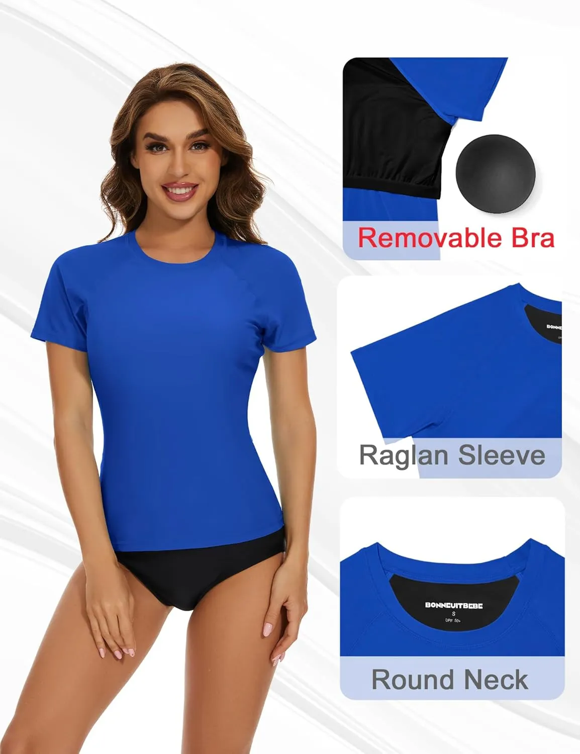 Bonneuitbebe Women's Short Sleeve Rash Guard with Built in Bra Swim Shirt UPF50  Quick Dry Bathing Suit