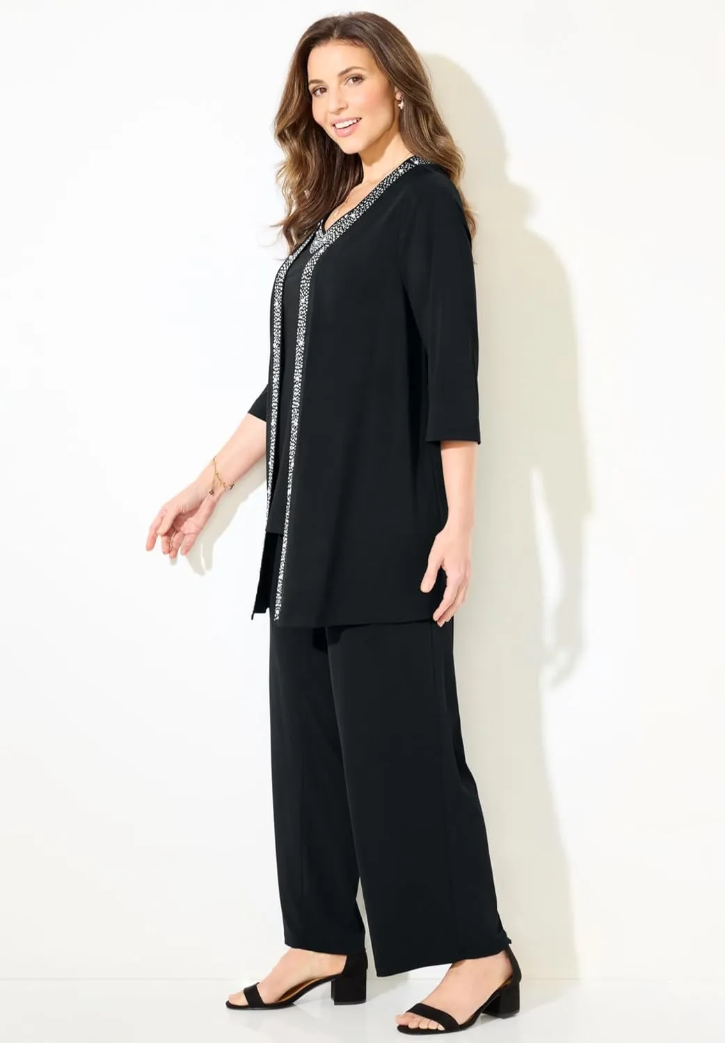 Catherines Women's Plus Size Beaded 3-Piece Cardigan Pant Set
