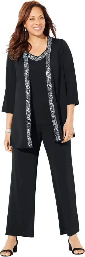 Catherines Women's Plus Size Beaded 3-Piece Cardigan Pant Set