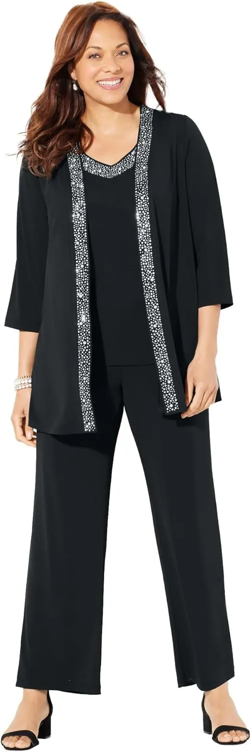 Catherines Women's Plus Size Beaded 3-Piece Cardigan Pant Set