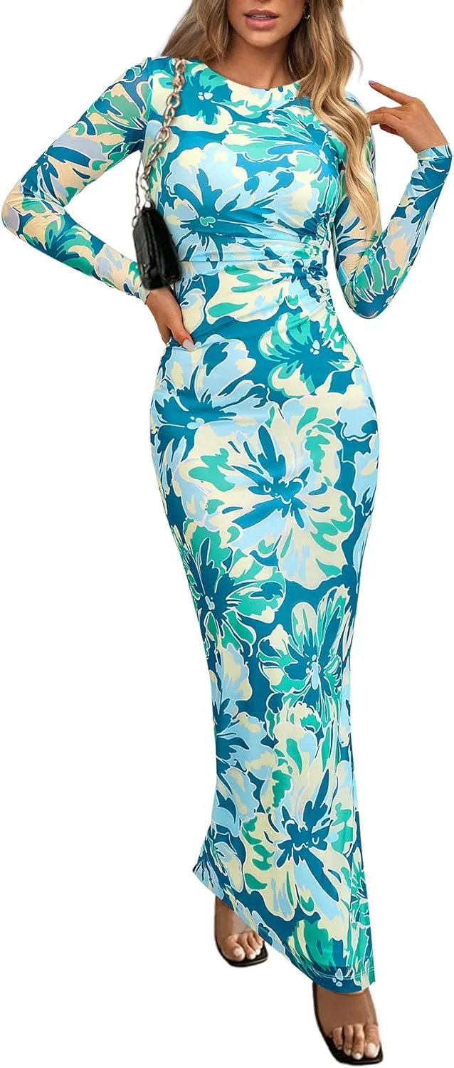 CFLONGE Long Sleeve Dress for Women Floral Print Ruched Wedding Guest Maxi Dresses Tight Fitted Cocktail Party Bodycon Dress