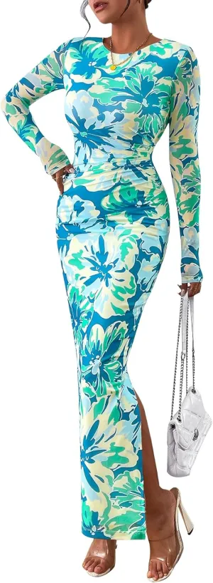 CFLONGE Long Sleeve Dress for Women Floral Print Ruched Wedding Guest Maxi Dresses Tight Fitted Cocktail Party Bodycon Dress