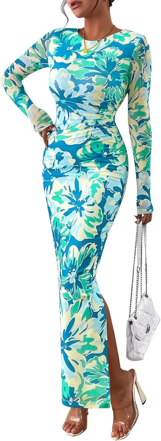 CFLONGE Long Sleeve Dress for Women Floral Print Ruched Wedding Guest Maxi Dresses Tight Fitted Cocktail Party Bodycon Dress