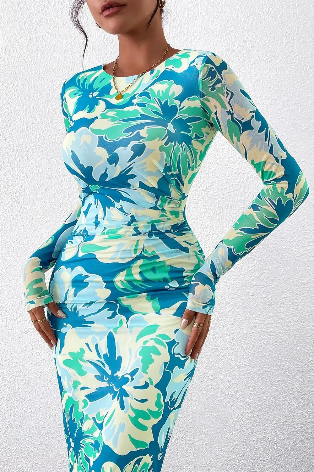 CFLONGE Long Sleeve Dress for Women Floral Print Ruched Wedding Guest Maxi Dresses Tight Fitted Cocktail Party Bodycon Dress