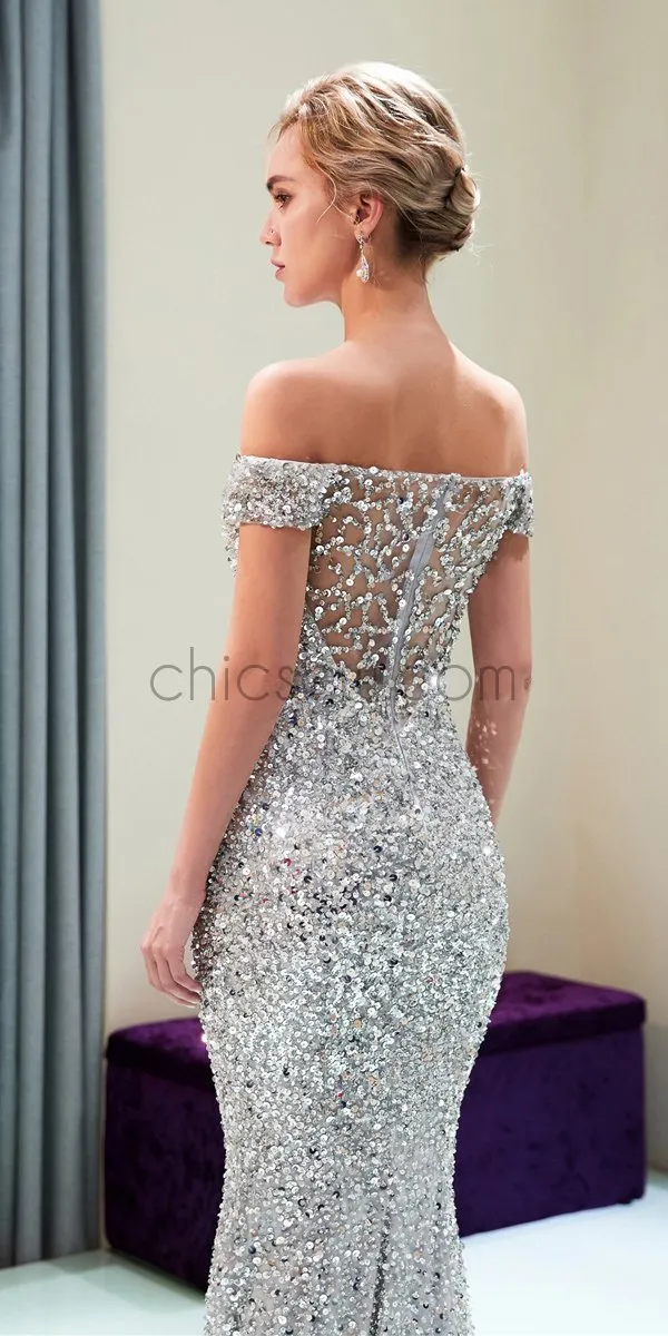 Charming Sparkly Sequin Off the Shoulder Mermaid Off the Shoulder Long Prom Dresses,Evening Dress LMX1137