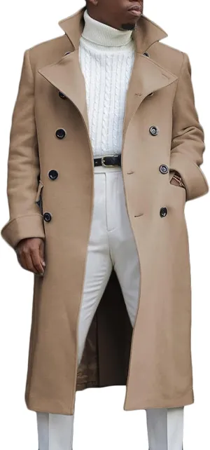 CHARTOU Men's Double-Breast Cotton Blend Midi Long Trench Coat Pea Coat