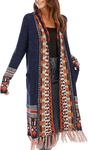 CHARTOU Women's Retro Knit Tassel Fringe Open Front Cardigan Long Sweater Jacket with Pocket