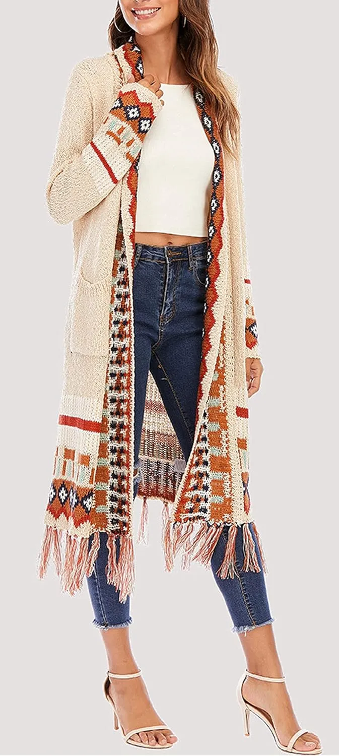CHARTOU Women's Retro Knit Tassel Fringe Open Front Cardigan Long Sweater Jacket with Pocket