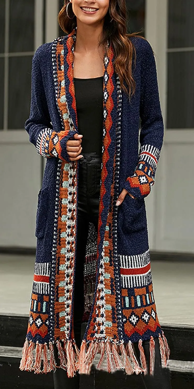 CHARTOU Women's Retro Knit Tassel Fringe Open Front Cardigan Long Sweater Jacket with Pocket