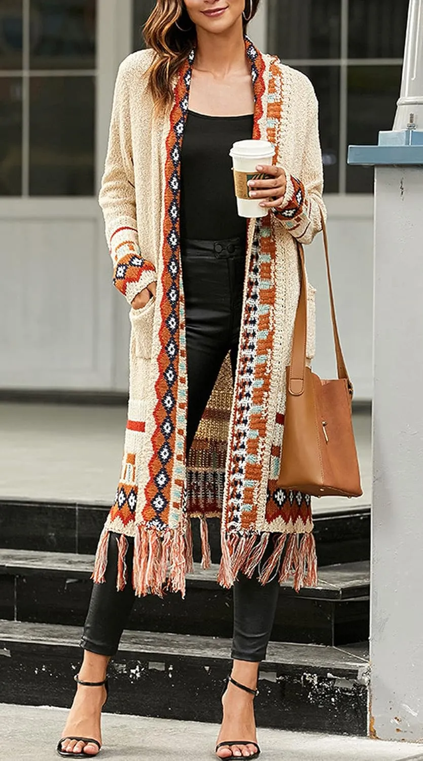 CHARTOU Women's Retro Knit Tassel Fringe Open Front Cardigan Long Sweater Jacket with Pocket