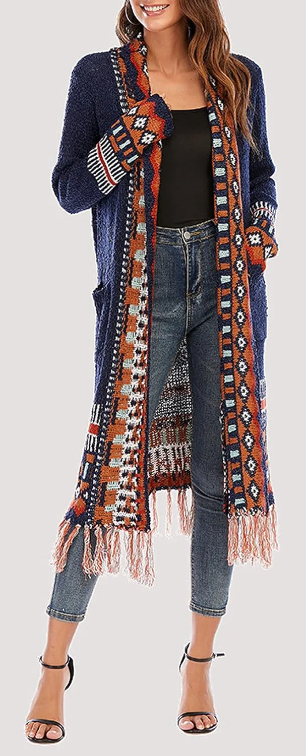 CHARTOU Women's Retro Knit Tassel Fringe Open Front Cardigan Long Sweater Jacket with Pocket