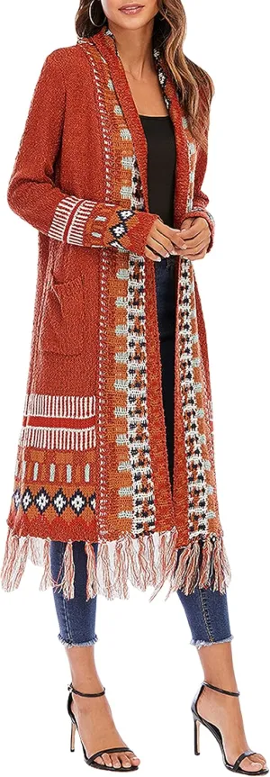 CHARTOU Women's Retro Knit Tassel Fringe Open Front Cardigan Long Sweater Jacket with Pocket