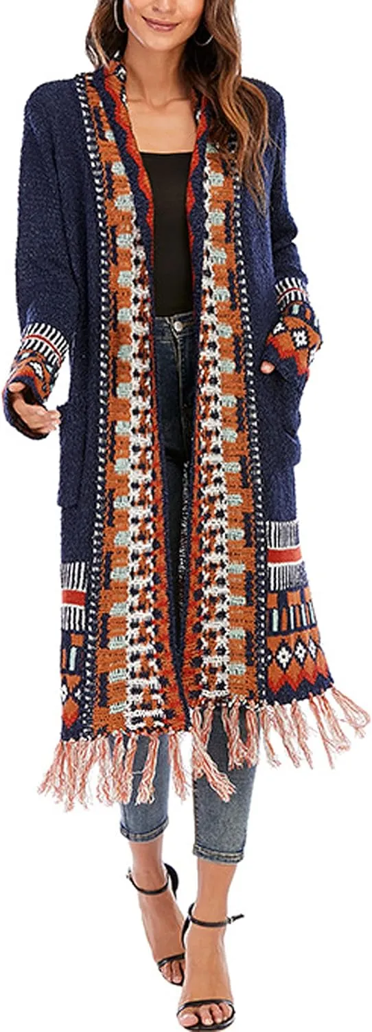CHARTOU Women's Retro Knit Tassel Fringe Open Front Cardigan Long Sweater Jacket with Pocket