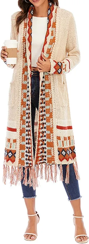 CHARTOU Women's Retro Knit Tassel Fringe Open Front Cardigan Long Sweater Jacket with Pocket