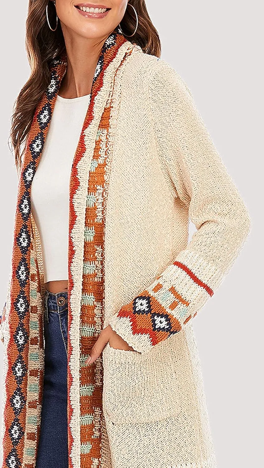 CHARTOU Women's Retro Knit Tassel Fringe Open Front Cardigan Long Sweater Jacket with Pocket