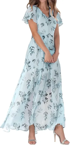 Chiffon Dresses for Women 2025 Elegant Flutter Sleeve Long Flowy Floral Maxi Dress Womens Plus Size Summer Dresses