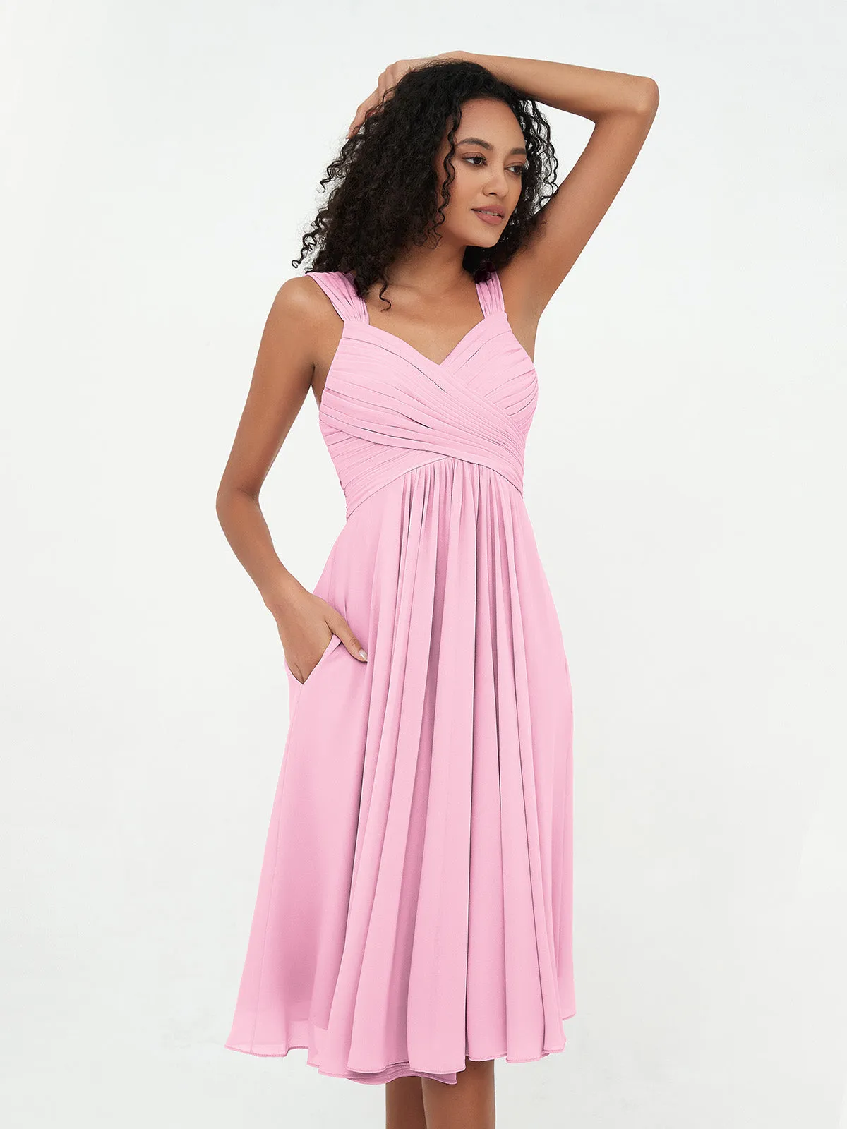 Chiffon Empire Short Dresses with Pockets-Candy Pink