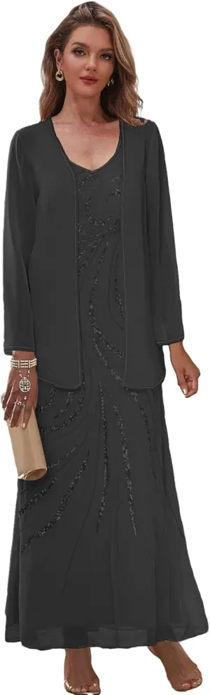 Chiffon Sequin Mother of The Bride Dresses for Wedding 2 Pieces Long Formal Evening Dress with Jacket