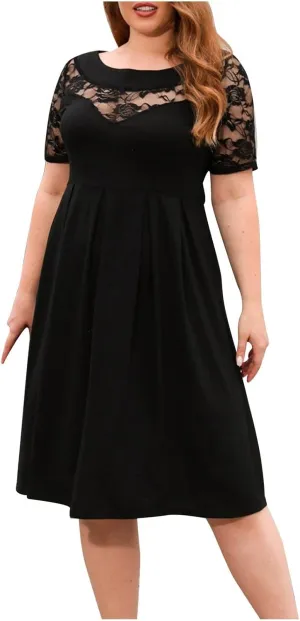 Cocktail Dress Women Plus Size Midi Dress Lace Short Sleeve Flowy Dress Pleated Casual Summer Dress with Pockets