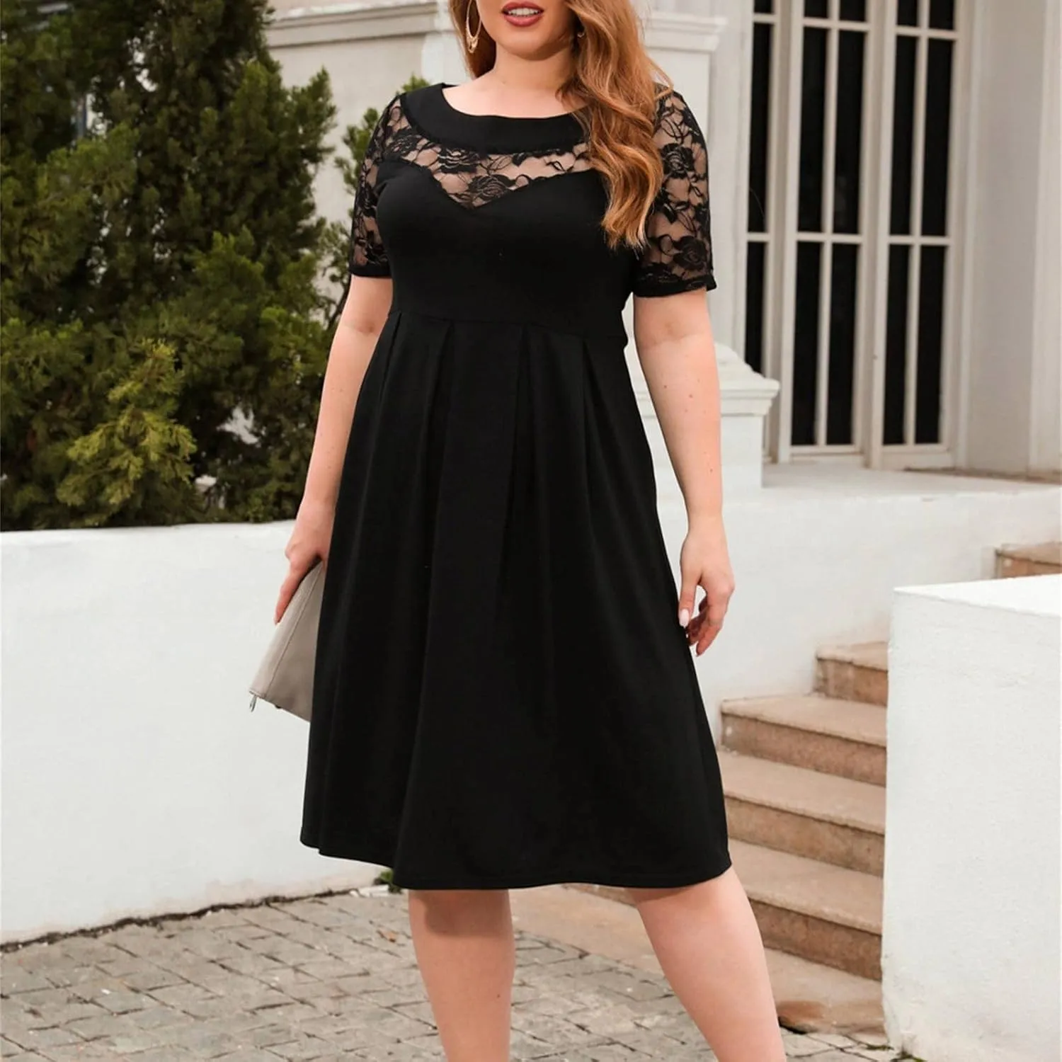 Cocktail Dress Women Plus Size Midi Dress Lace Short Sleeve Flowy Dress Pleated Casual Summer Dress with Pockets