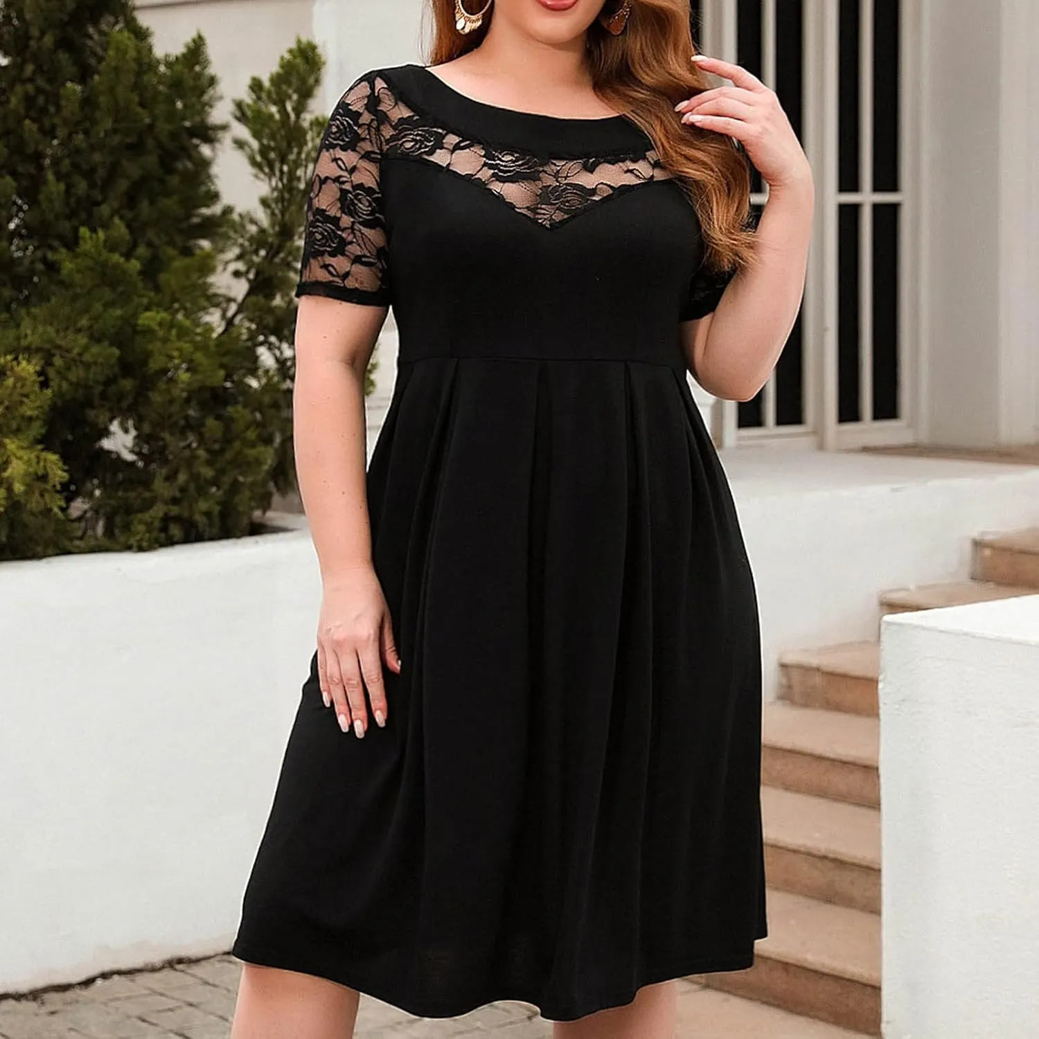 Cocktail Dress Women Plus Size Midi Dress Lace Short Sleeve Flowy Dress Pleated Casual Summer Dress with Pockets