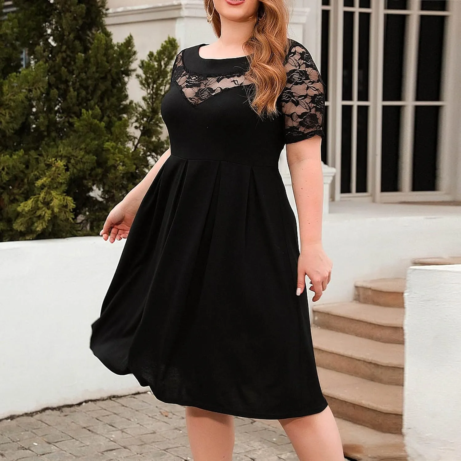 Cocktail Dress Women Plus Size Midi Dress Lace Short Sleeve Flowy Dress Pleated Casual Summer Dress with Pockets