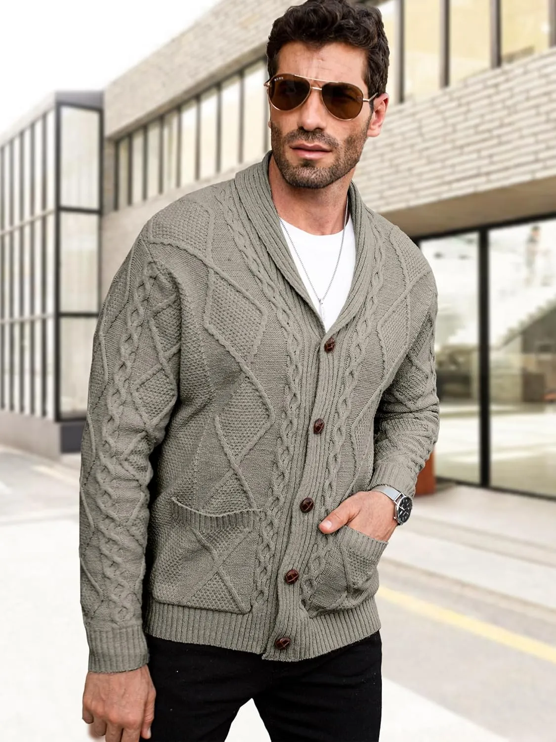 Comdecevis Mens Shawl Collar Cardigan Sweater Cable Knit Button Down Long Sleeve Casual Knitwear with Pockets