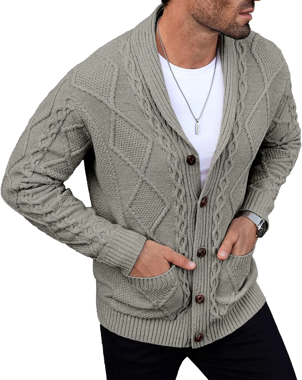 Comdecevis Mens Shawl Collar Cardigan Sweater Cable Knit Button Down Long Sleeve Casual Knitwear with Pockets
