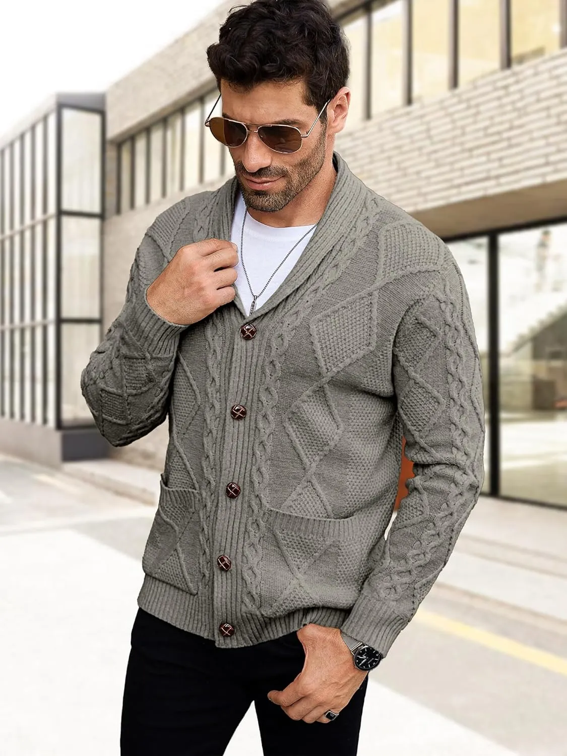 Comdecevis Mens Shawl Collar Cardigan Sweater Cable Knit Button Down Long Sleeve Casual Knitwear with Pockets