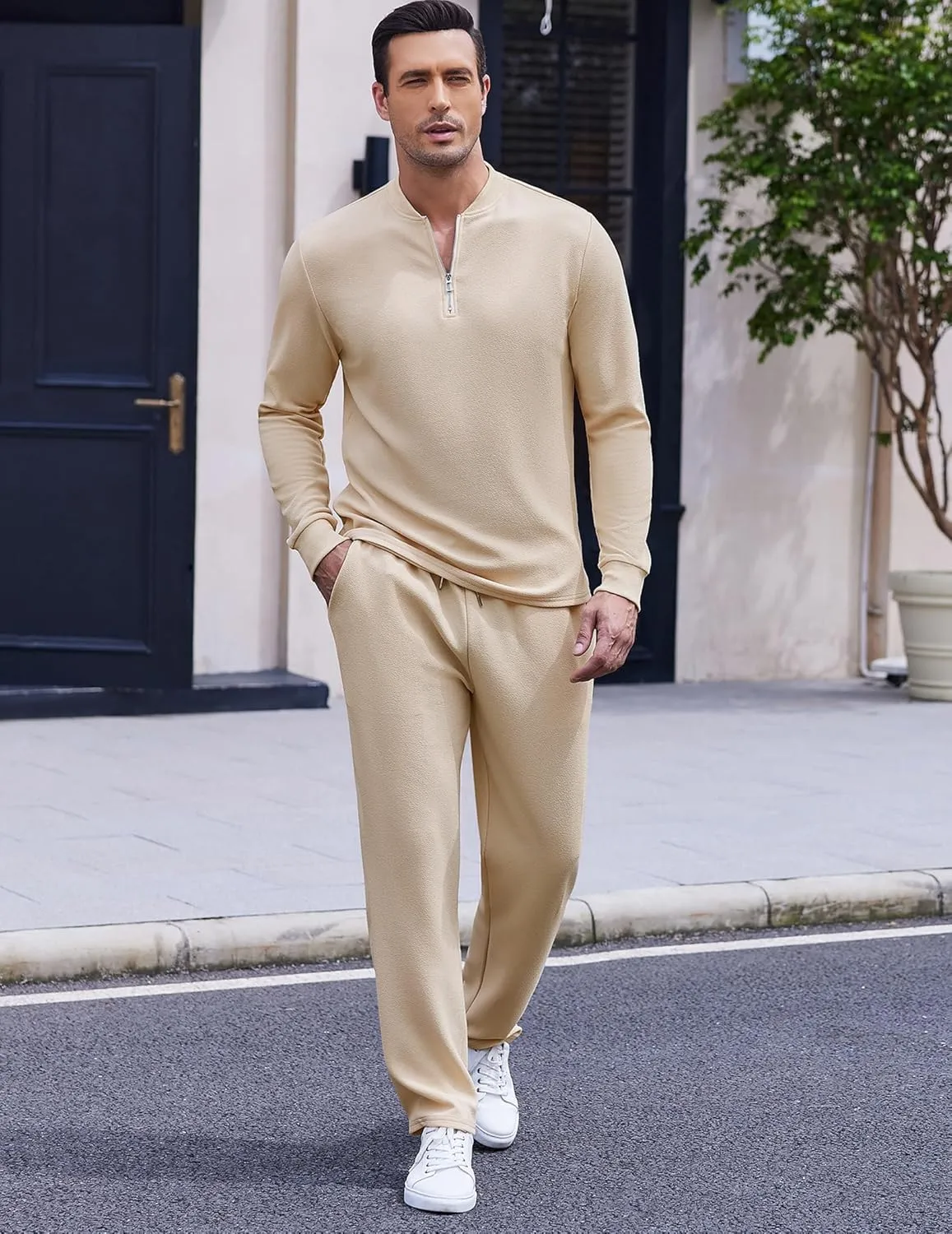 COOFANDY Men's 2 Piece Tracksuit Set Polo Athletic Sweatsuit Quarter Zip Jogging Long Sleeve Casual Sports Outfits