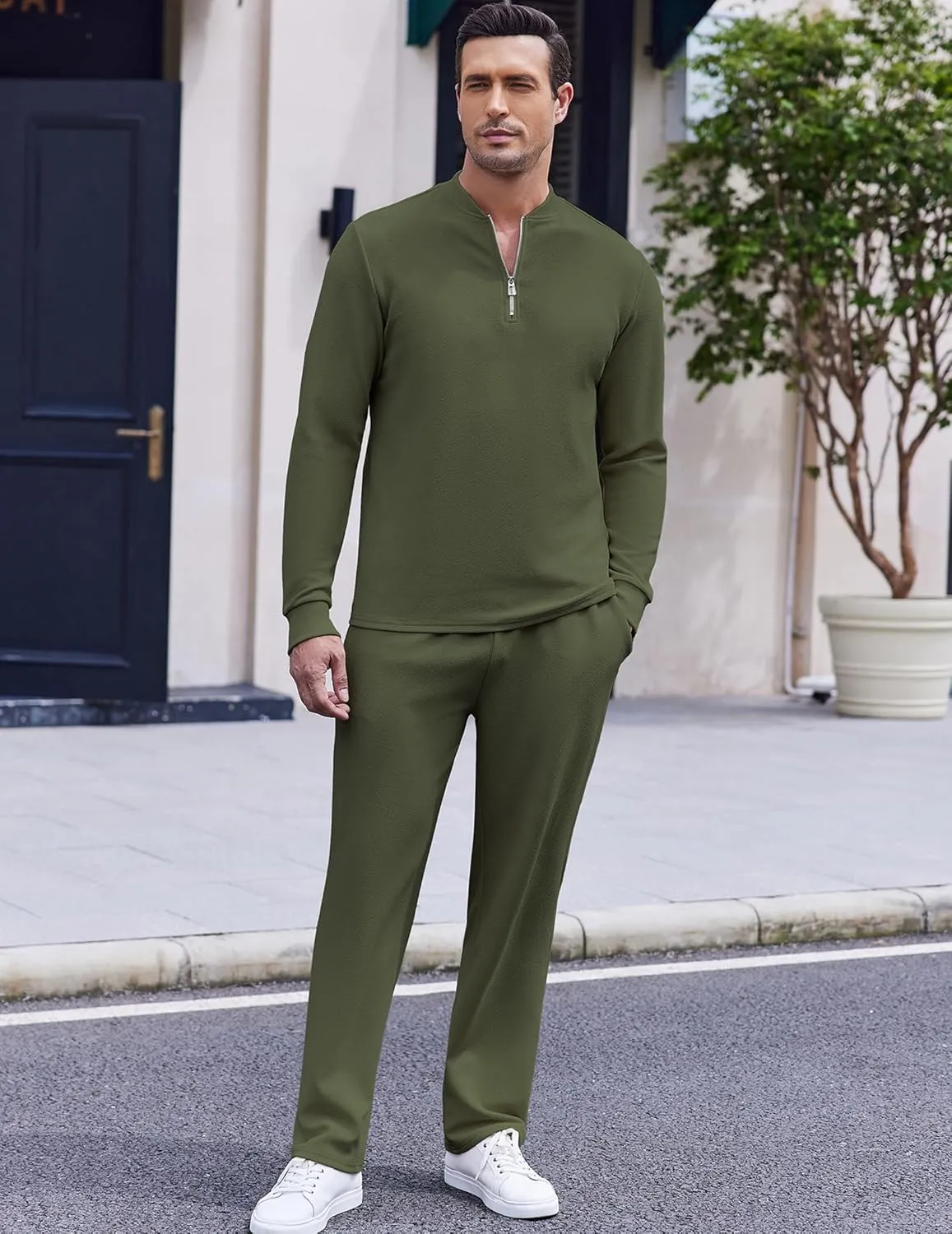 COOFANDY Men's 2 Piece Tracksuit Set Polo Athletic Sweatsuit Quarter Zip Jogging Long Sleeve Casual Sports Outfits