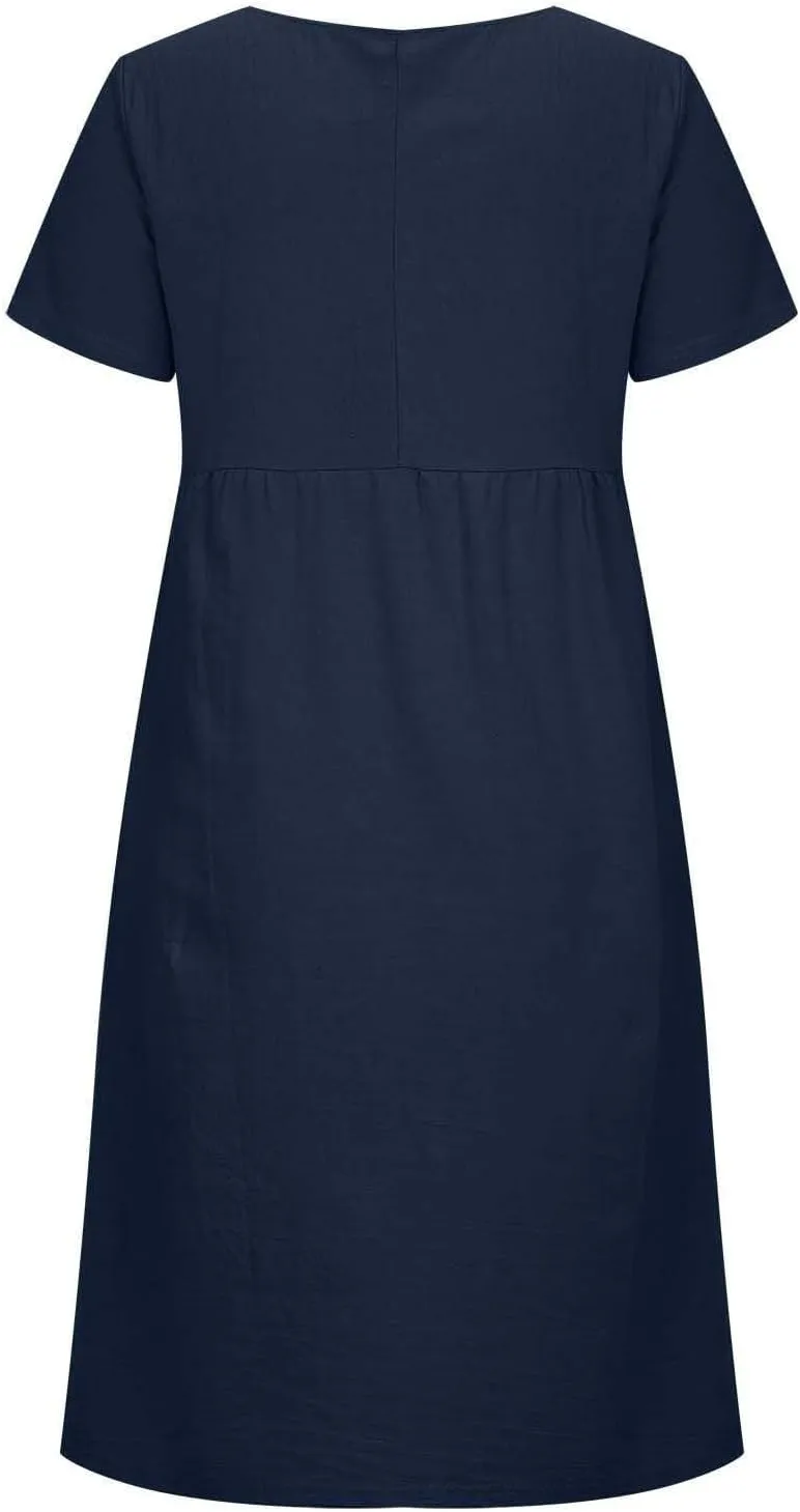 Cotton Linen Dresses for Women 2025 Short Sleeve Midi Beach Dress Flowy Summer Dresses Vacation Shirt Dress with Pocket