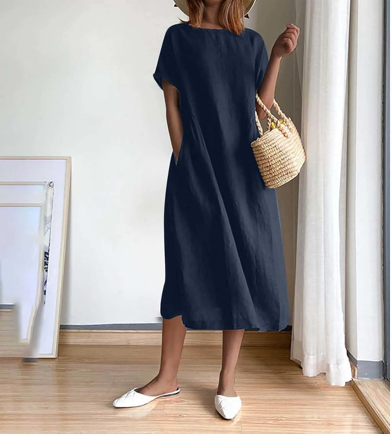 Cotton Linen Dresses for Women 2025 Short Sleeve Midi Beach Dress Flowy Summer Dresses Vacation Shirt Dress with Pocket