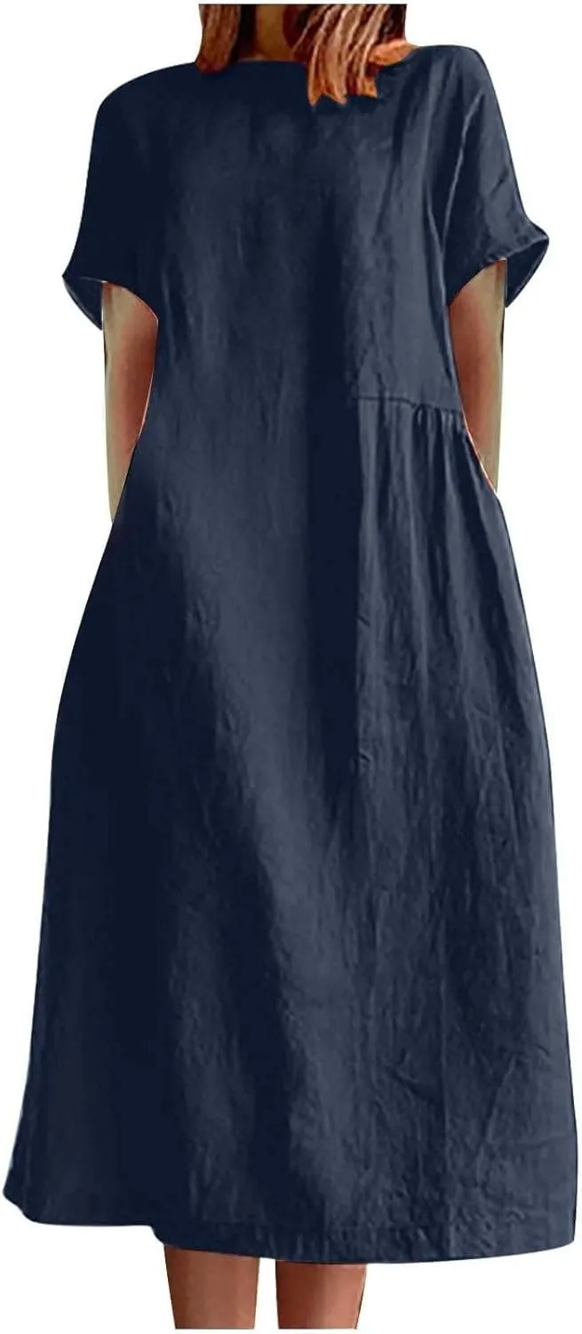 Cotton Linen Dresses for Women 2025 Short Sleeve Midi Beach Dress Flowy Summer Dresses Vacation Shirt Dress with Pocket