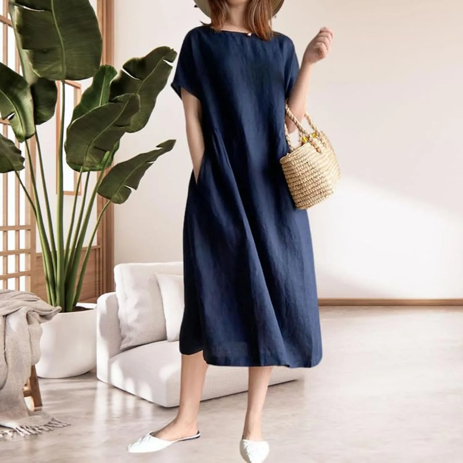 Cotton Linen Dresses for Women 2025 Short Sleeve Midi Beach Dress Flowy Summer Dresses Vacation Shirt Dress with Pocket