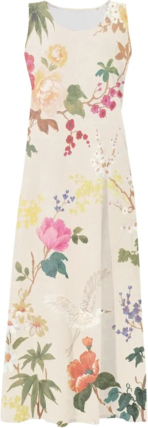 Cotton Linen Dresses for Women,Maxi Sleeveless Dresses Summer Casual Print Cotton Linen Sundress with Pockets (S-3XL)