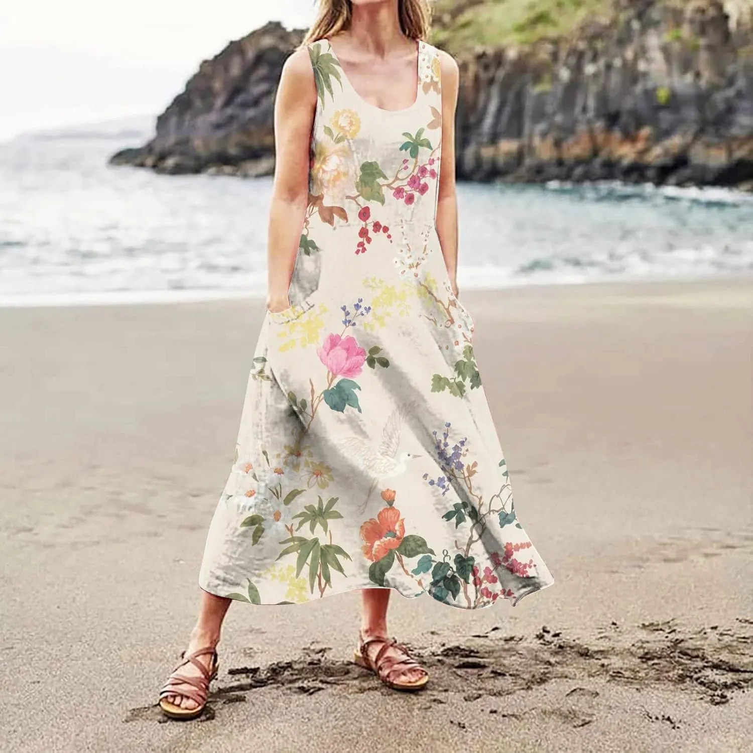 Cotton Linen Dresses for Women,Maxi Sleeveless Dresses Summer Casual Print Cotton Linen Sundress with Pockets (S-3XL)