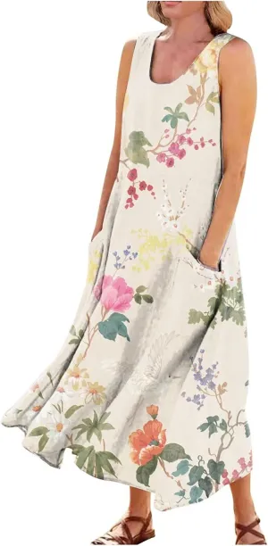 Cotton Linen Dresses for Women,Maxi Sleeveless Dresses Summer Casual Print Cotton Linen Sundress with Pockets (S-3XL)