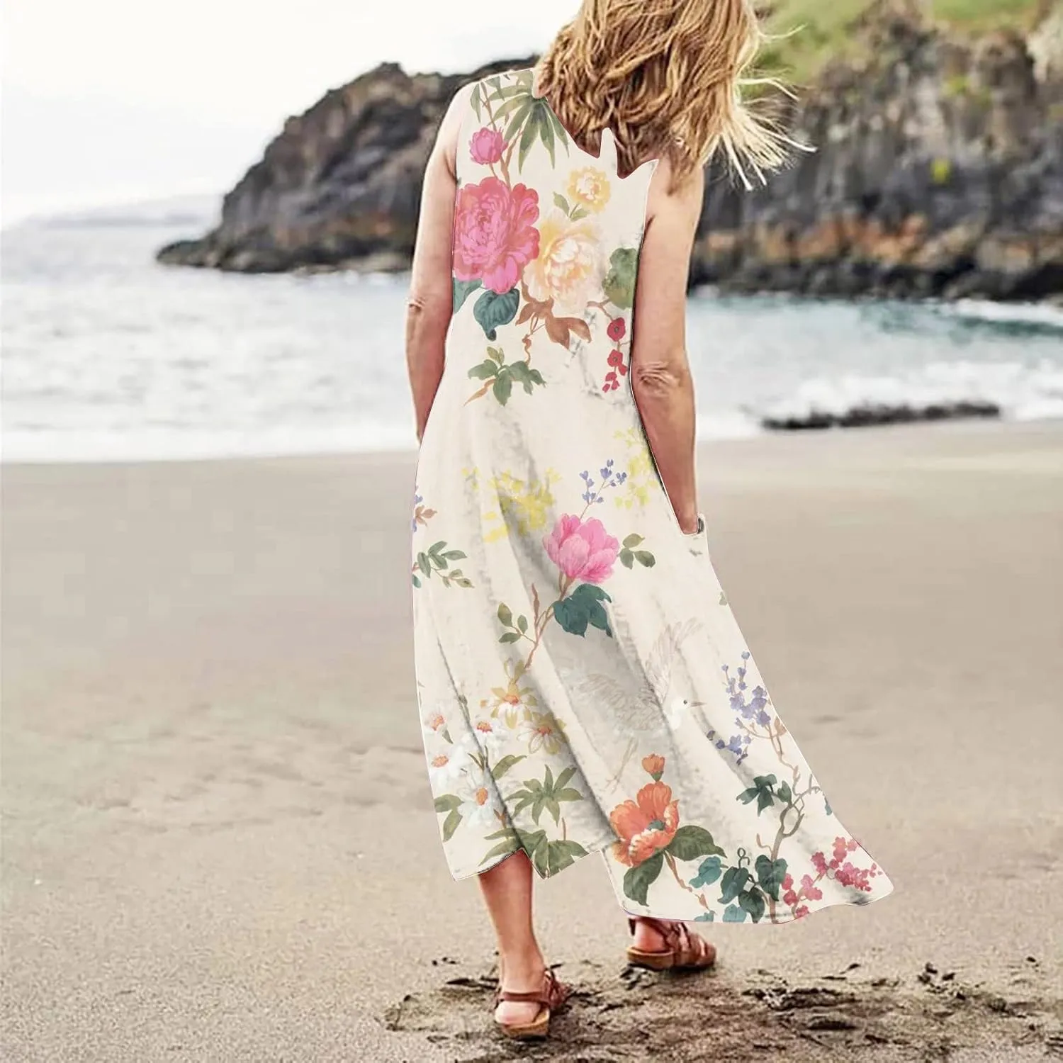 Cotton Linen Dresses for Women,Maxi Sleeveless Dresses Summer Casual Print Cotton Linen Sundress with Pockets (S-3XL)