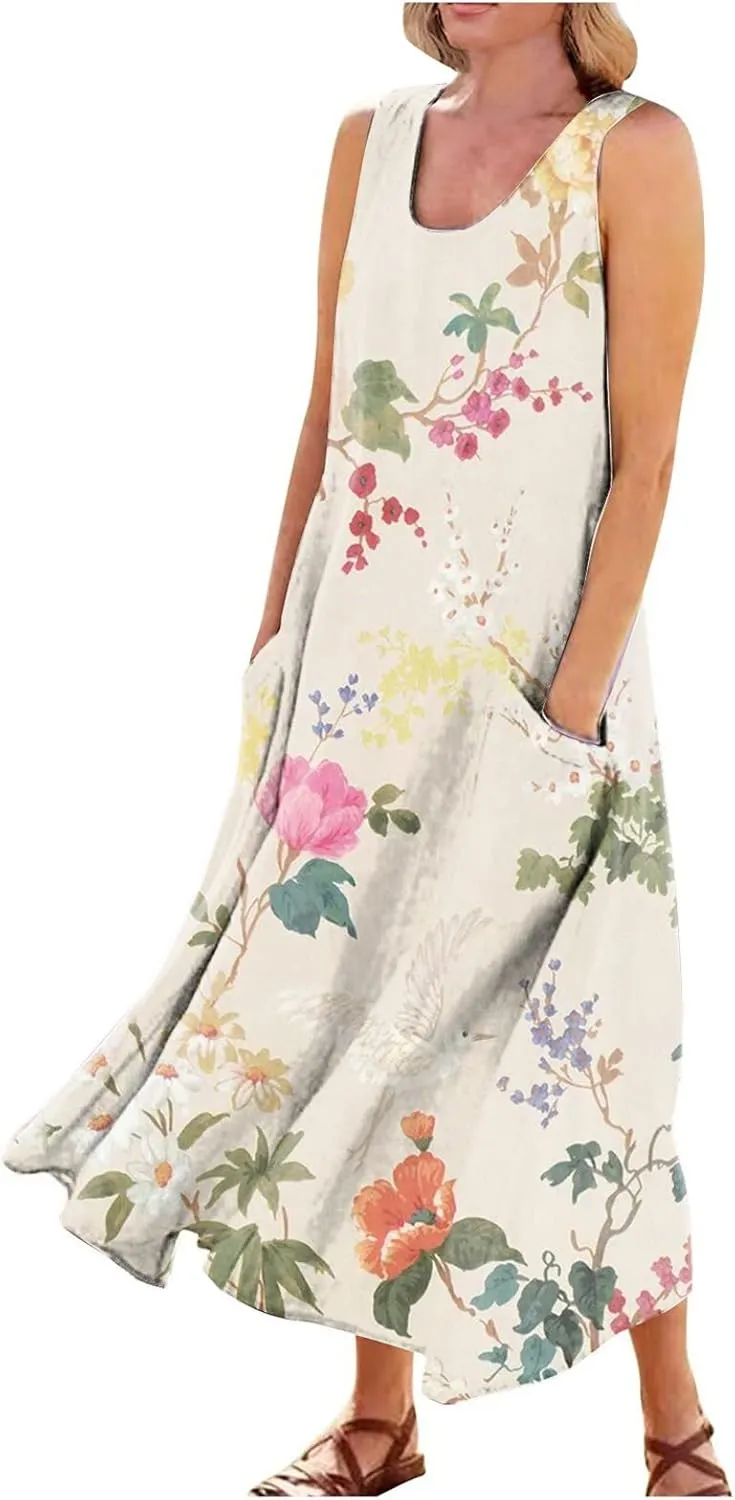 Cotton Linen Dresses for Women,Maxi Sleeveless Dresses Summer Casual Print Cotton Linen Sundress with Pockets (S-3XL)