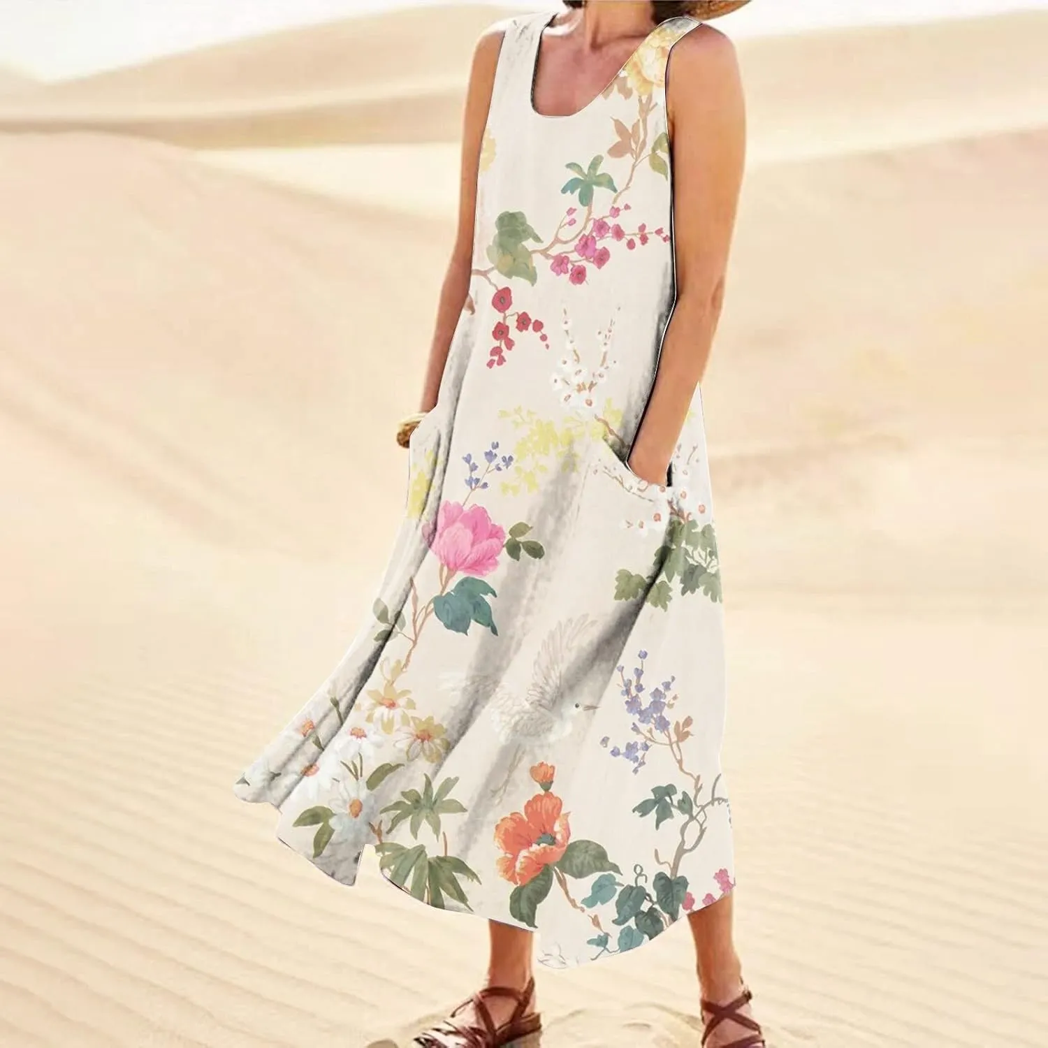 Cotton Linen Dresses for Women,Maxi Sleeveless Dresses Summer Casual Print Cotton Linen Sundress with Pockets (S-3XL)
