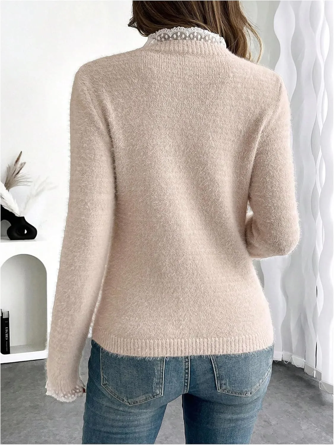 COZYEASE Women's Lace Frill Mock Neck Sweater Long Sleeve Knit Pullover Tops Soft Elegant Knitwear