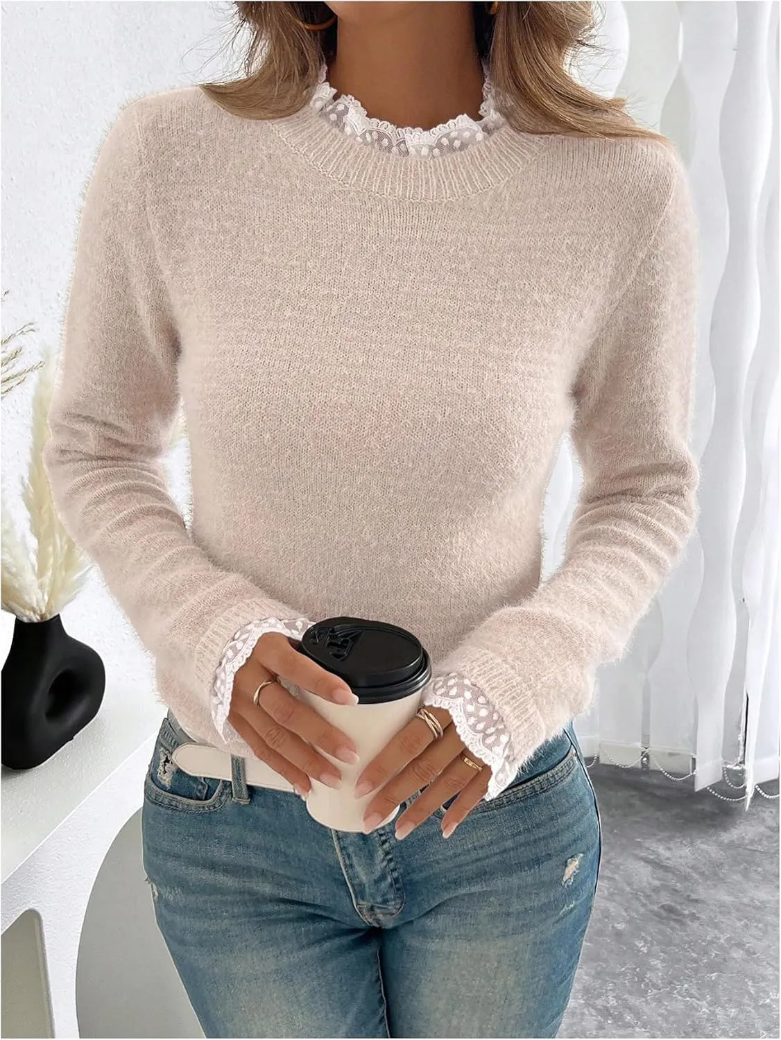 COZYEASE Women's Lace Frill Mock Neck Sweater Long Sleeve Knit Pullover Tops Soft Elegant Knitwear