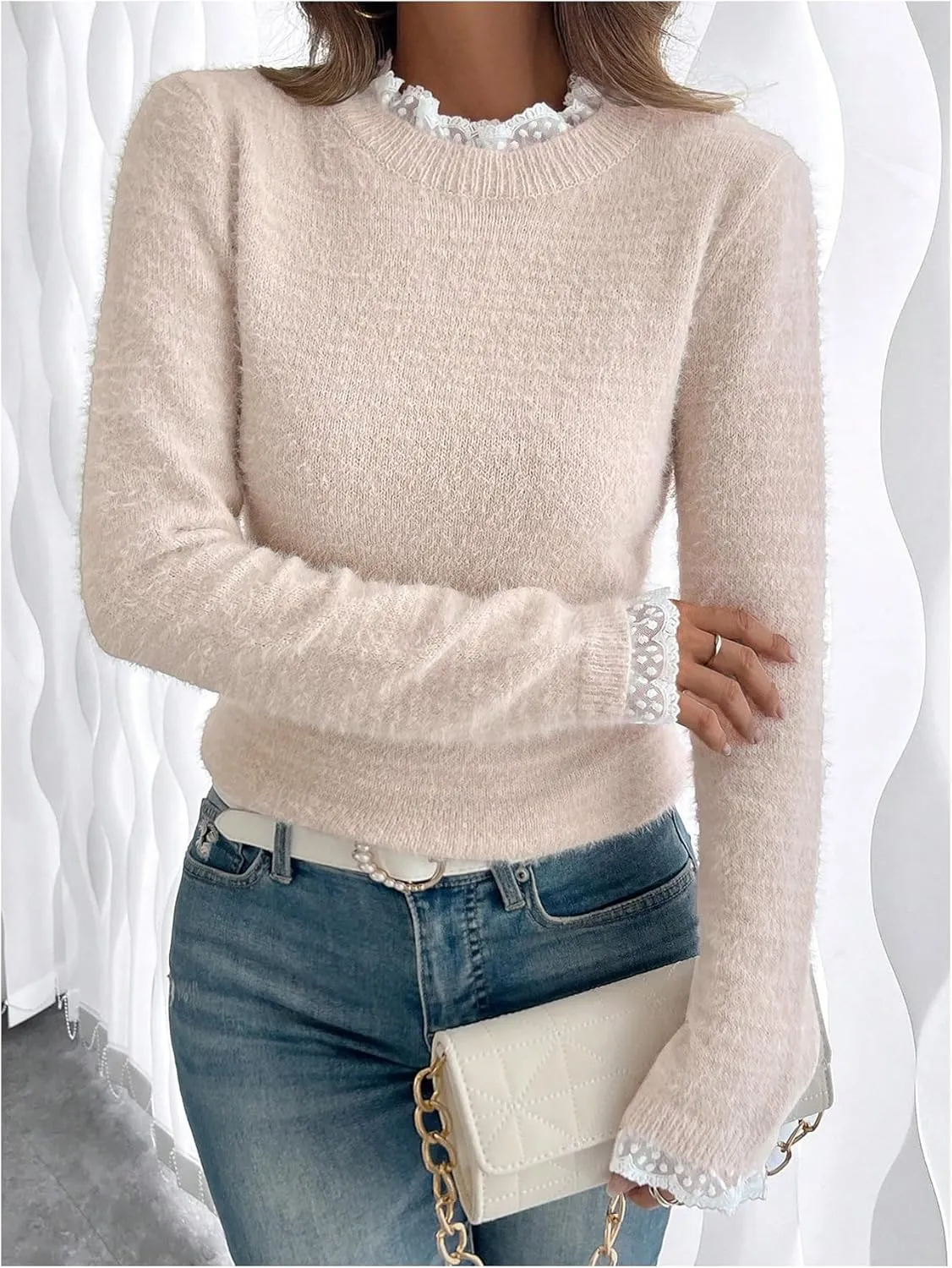 COZYEASE Women's Lace Frill Mock Neck Sweater Long Sleeve Knit Pullover Tops Soft Elegant Knitwear