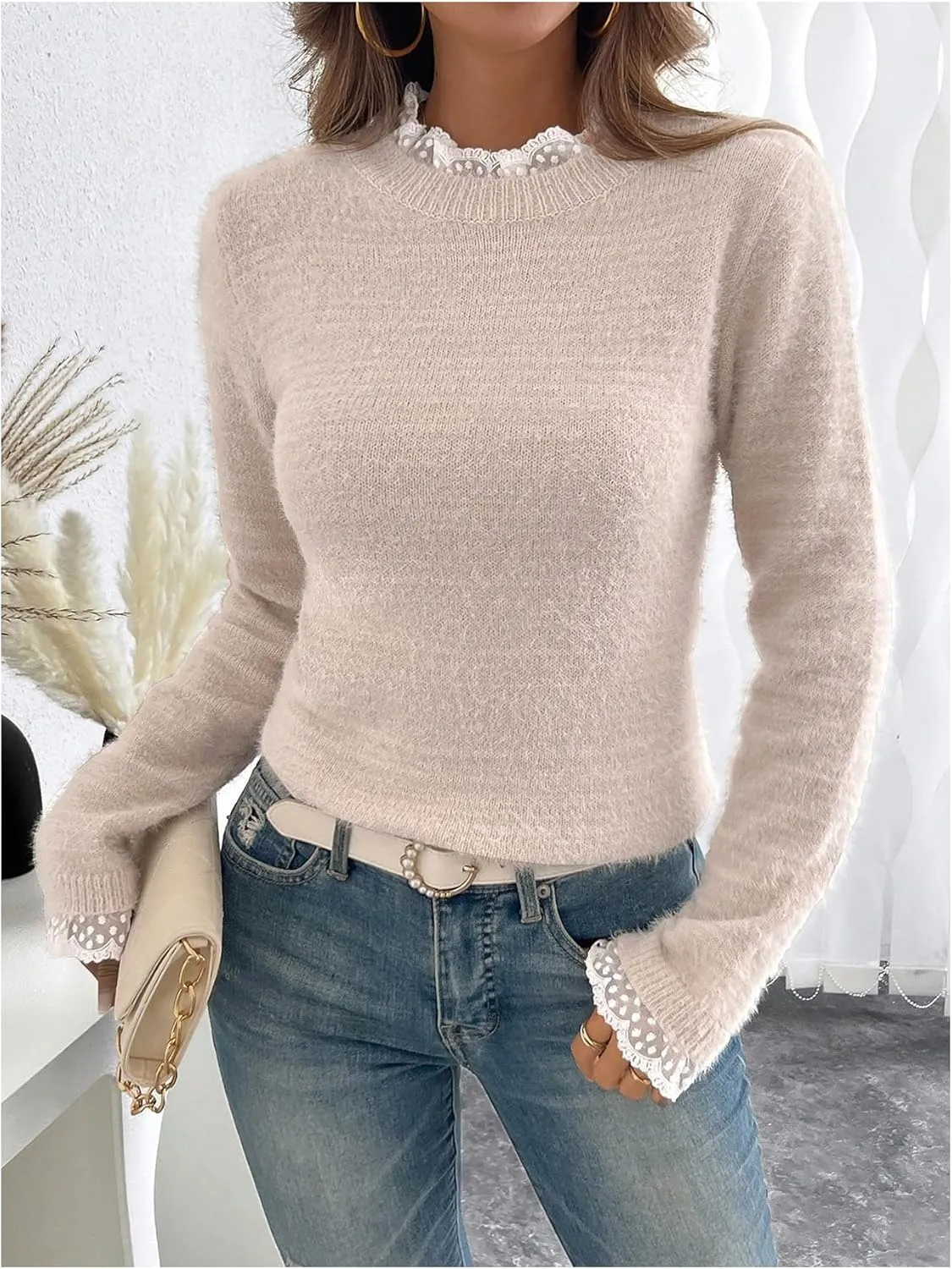 COZYEASE Women's Lace Frill Mock Neck Sweater Long Sleeve Knit Pullover Tops Soft Elegant Knitwear